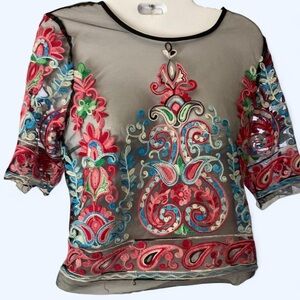 Embroidered sheer 3/4 sleeve top in black and multi-coloured hues Shein XS